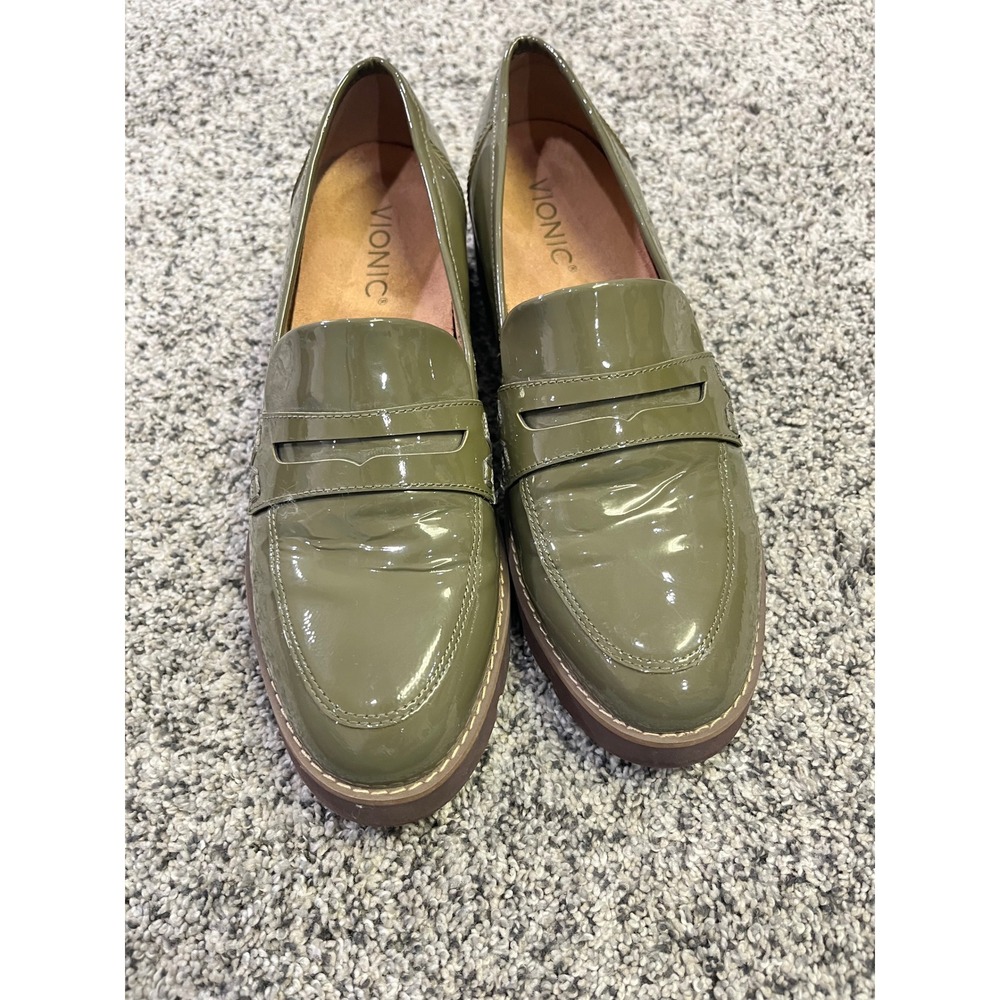 Vionic Olive Green Patent Leather Lug Sole Loafers - Picture 3 of 8